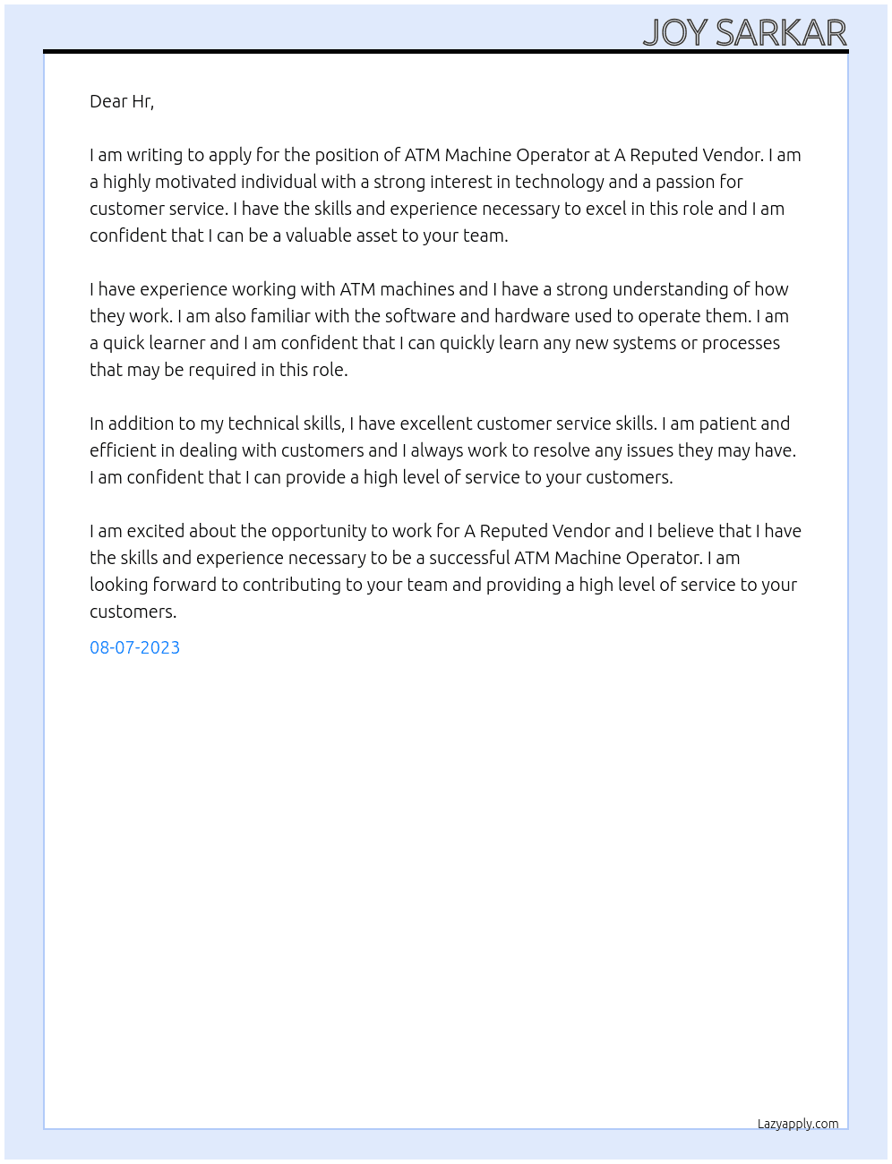 ATM Machine Operator At A Reputed Vendor Cover Letter
