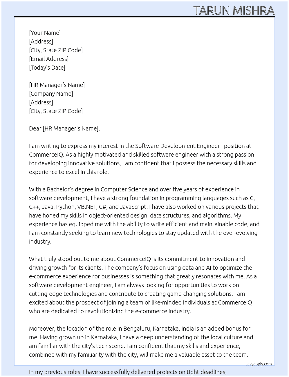 Software development engineer I At CommerceIQ Cover Letter