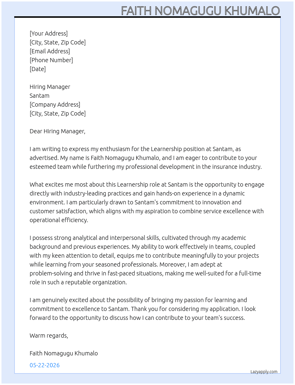 Learnership  At Santam Cover Letter