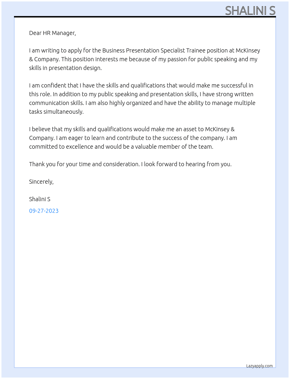 Business presentation Specialist trainee At Mckinsey&Company Cover Letter