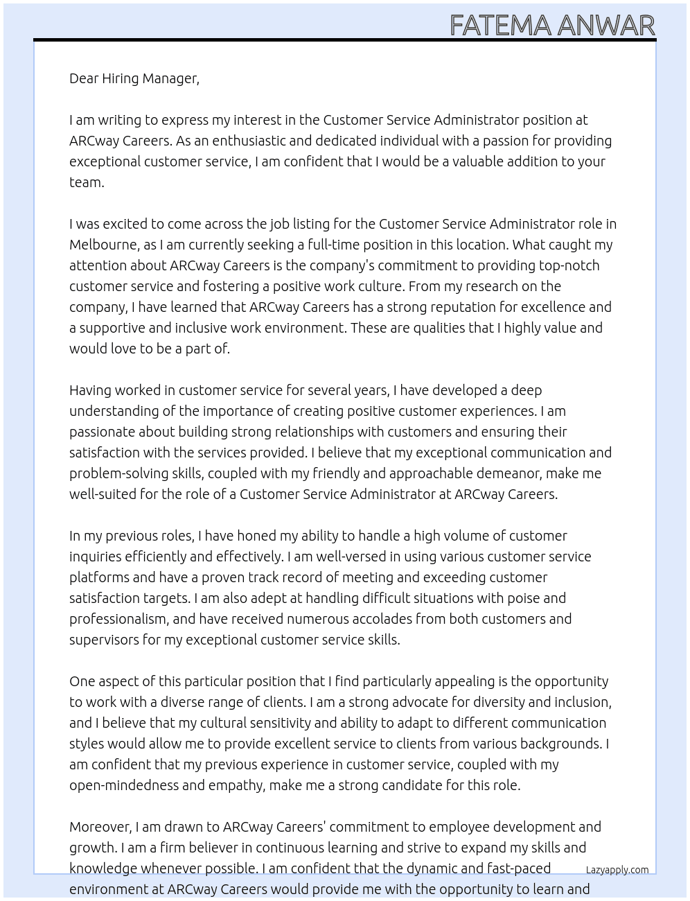 Customer service administrator  At ARCway careers Cover Letter