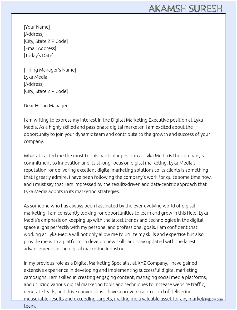 Digital marketing executive  At Lyka media  Cover Letter