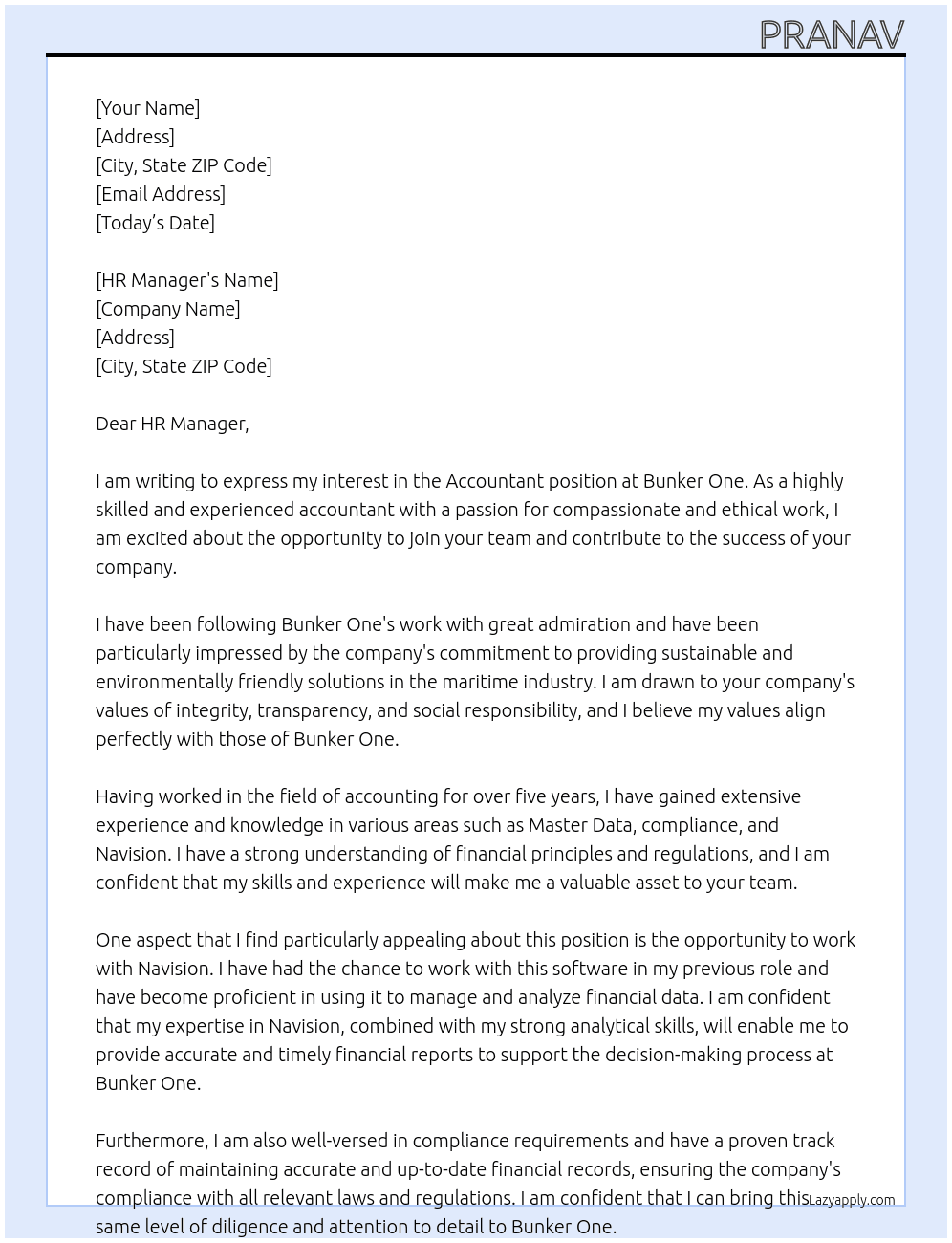 Accountant At Bunker One  Cover Letter