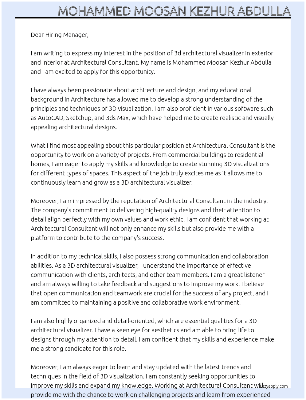 3d architectural visualizer in exterior and interior At architectural consultant Cover Letter