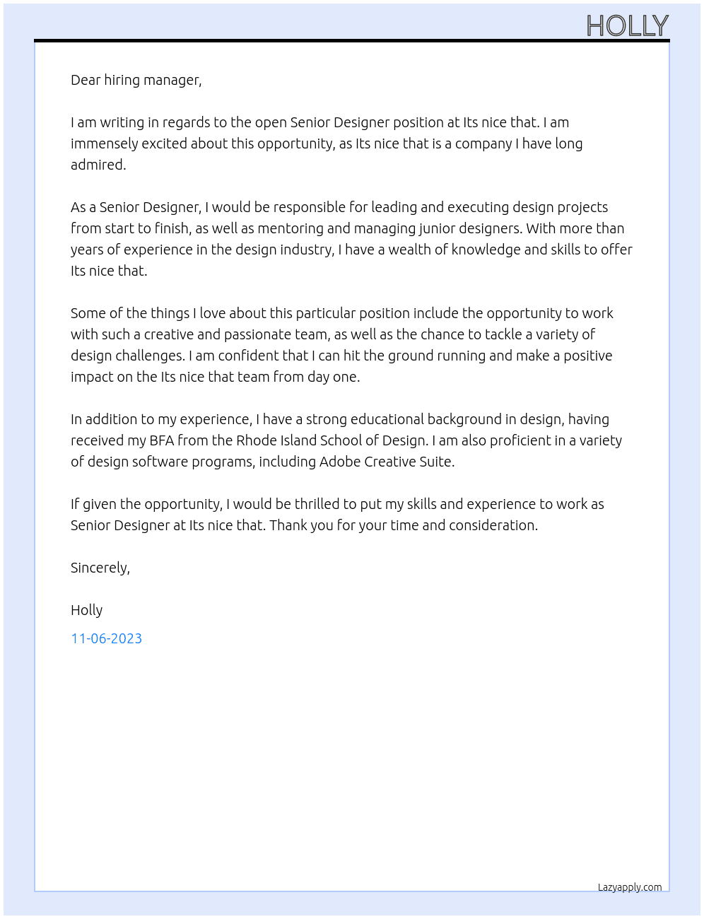 Senior designer At Its nice that Cover Letter