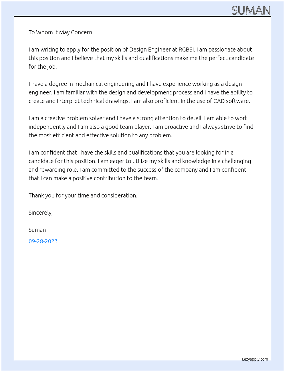 design engineer At RGBSI Cover Letter