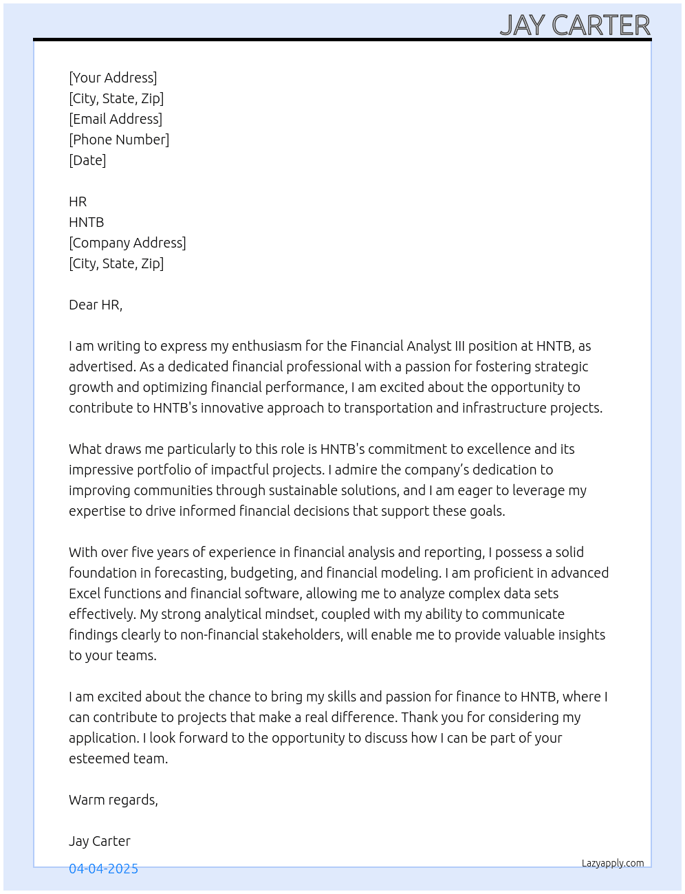 Financial Analyst III At HNTB Cover Letter