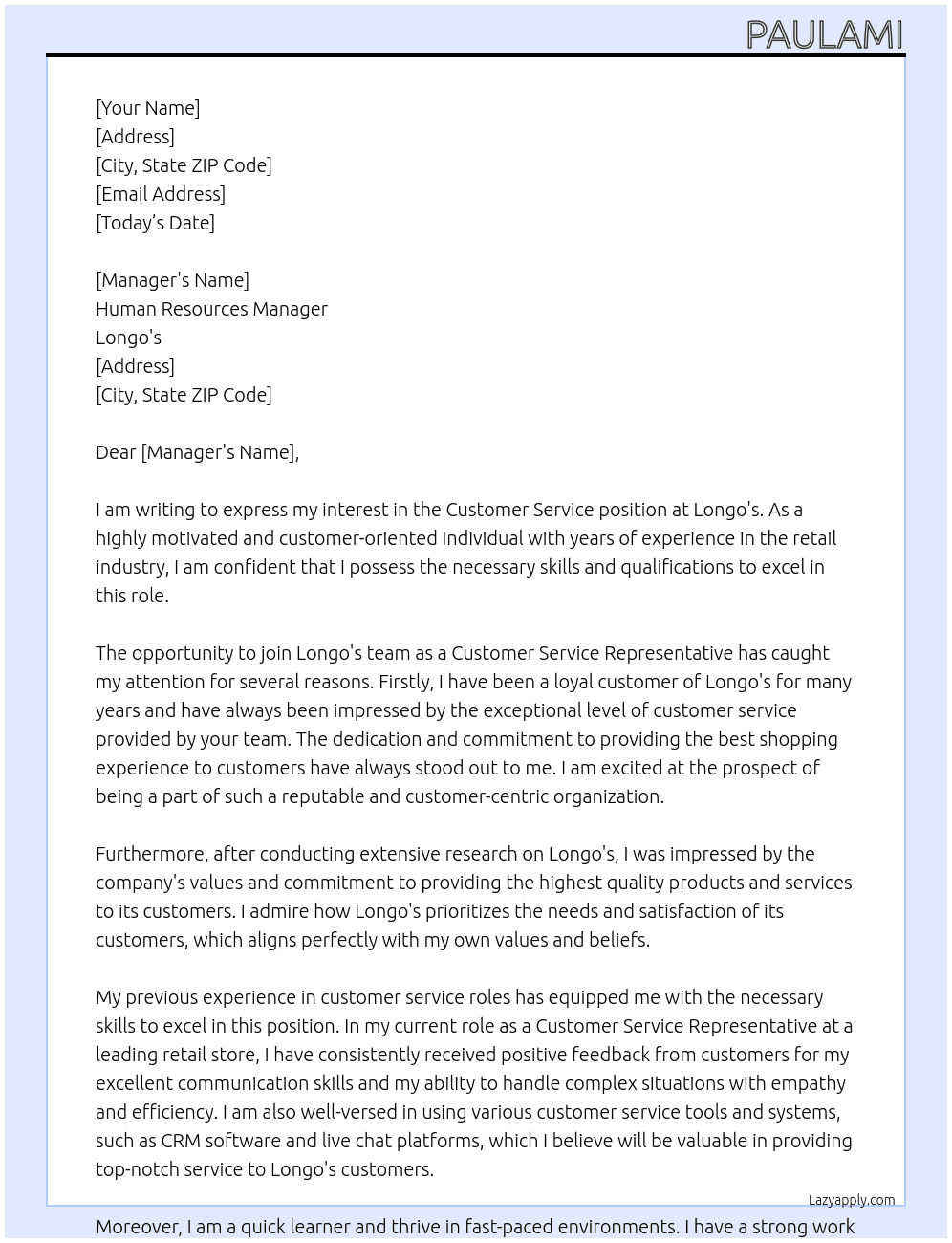 CUSTOMER SERVICE At longo's Cover Letter
