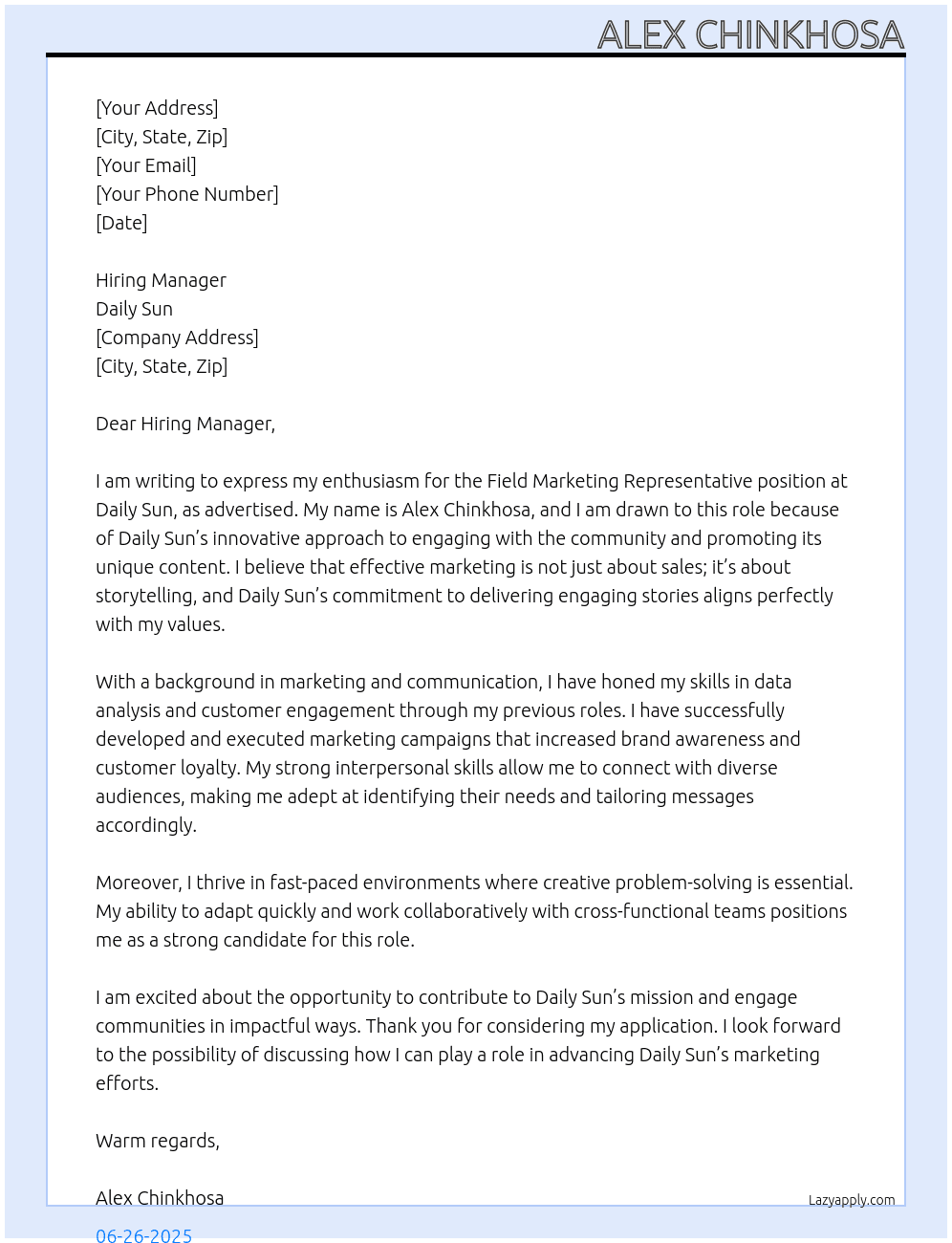 field marketing representatives At daily sun Cover Letter