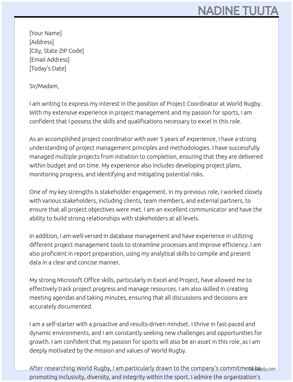 Project co ordinator At World Rugby  Cover Letter