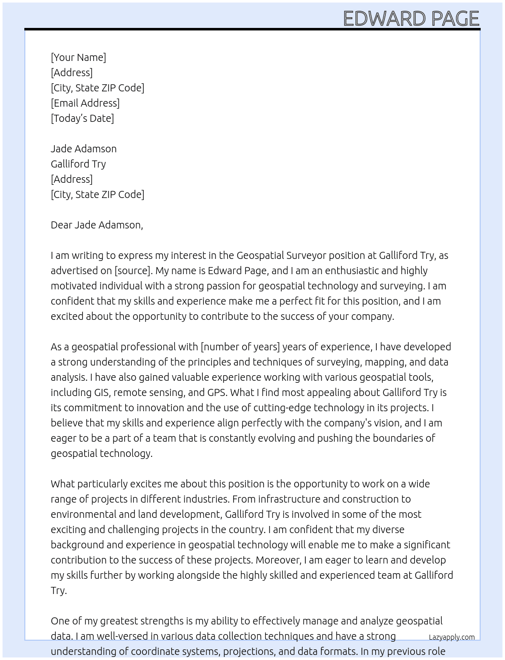 Geospatial Surveyor At Galliford Try Cover Letter