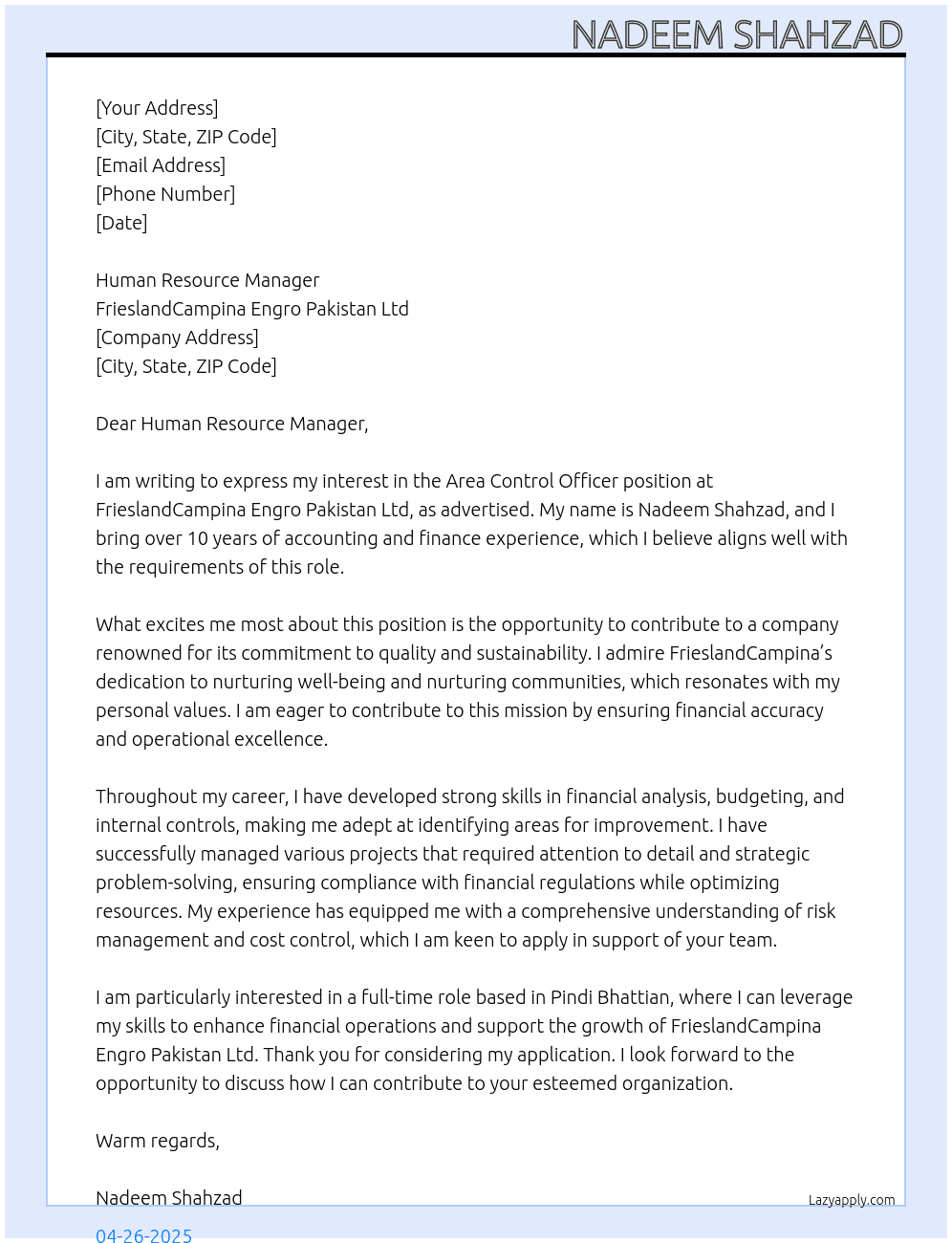 Area Control Officer At Frieslandcompina Engro Pakistan Ltd Cover Letter