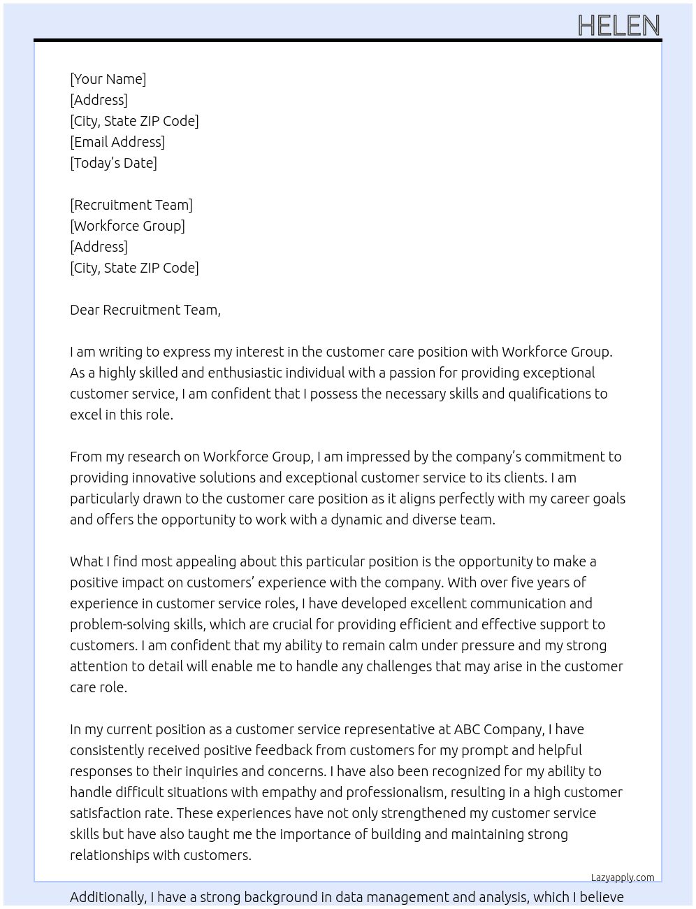 customer care At Workforce group Cover Letter
