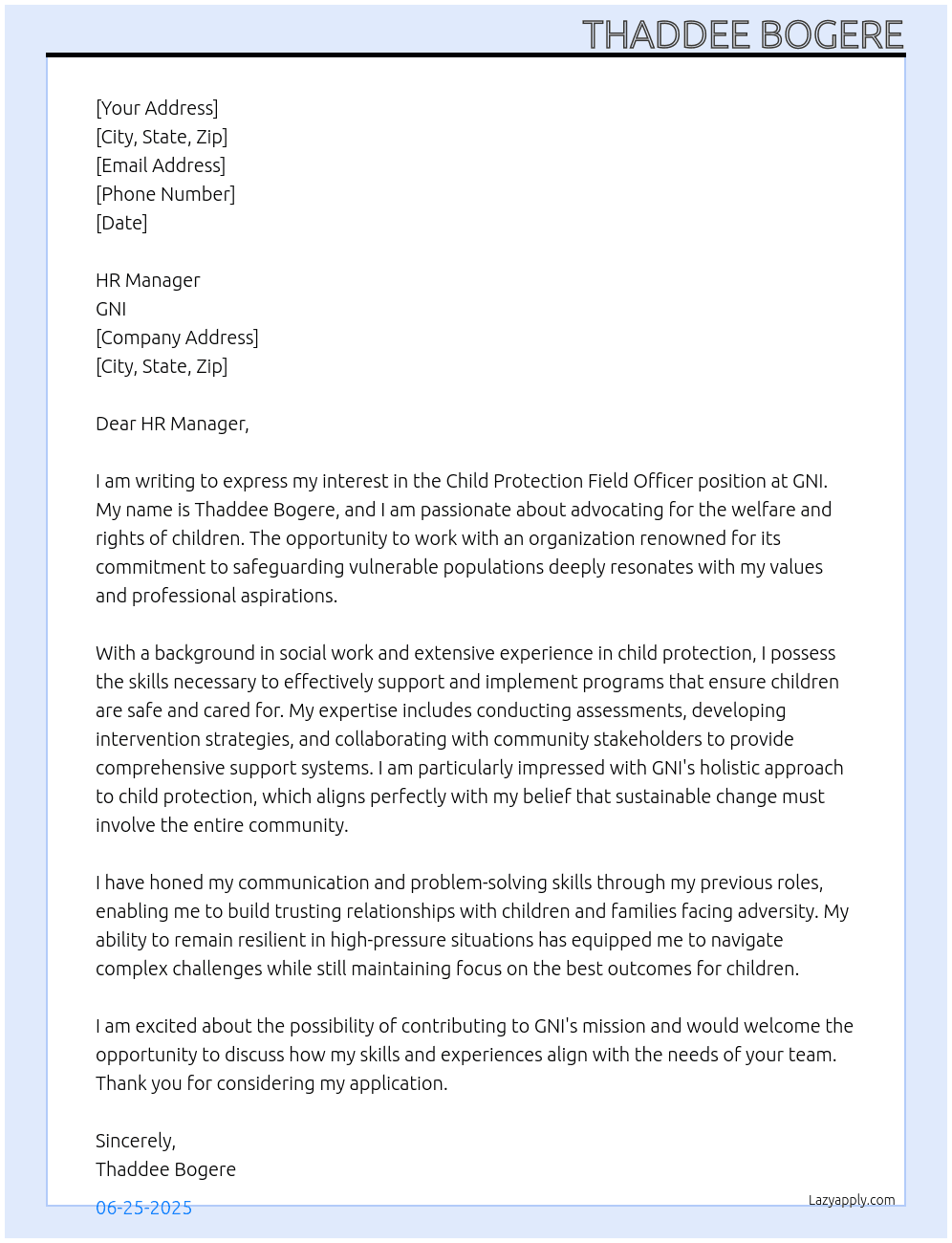 child protection Field Officer At GNI Cover Letter