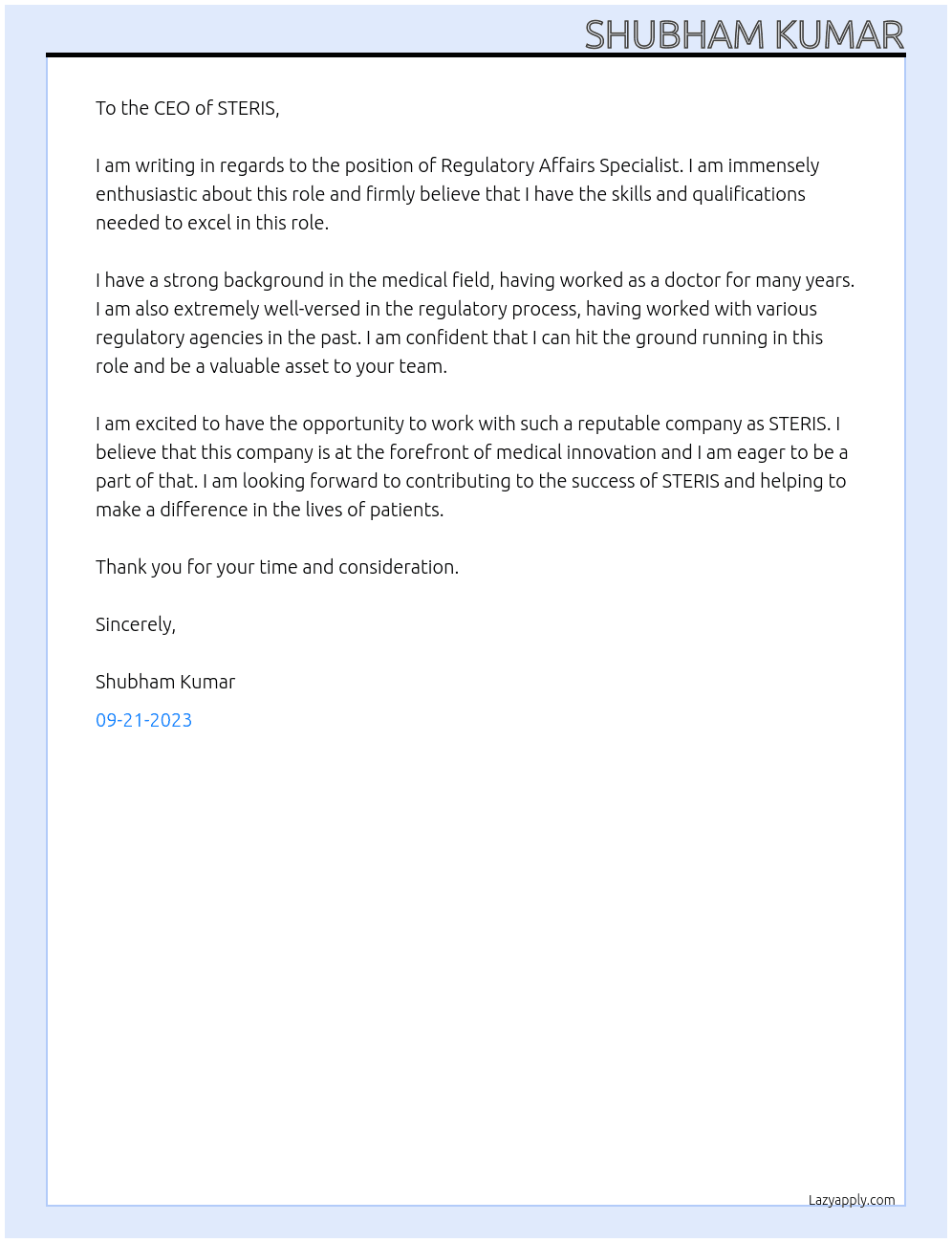Regulatory Affairs Specialist At steris Cover Letter