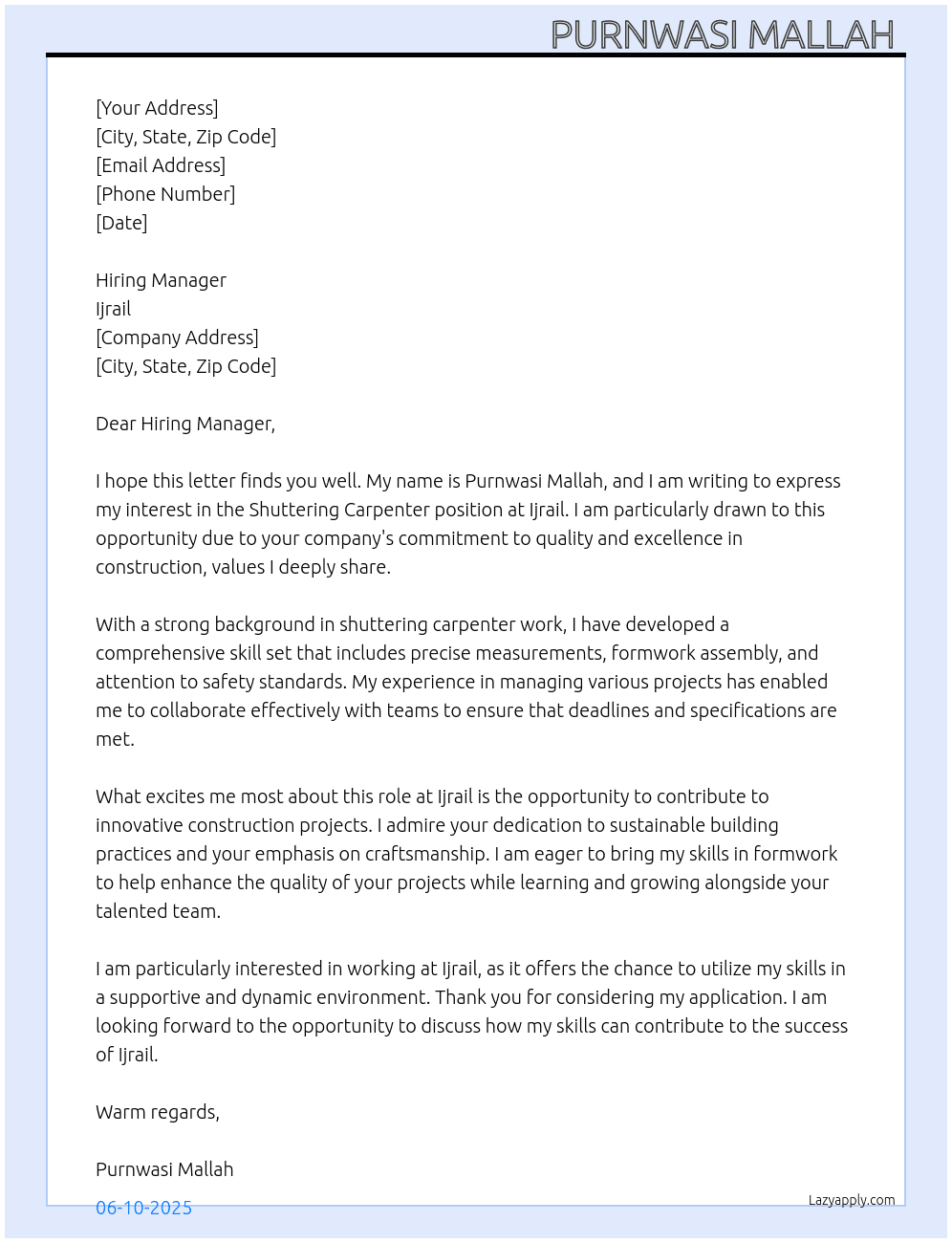 Shuttering carpenter  At Ijrail  Cover Letter