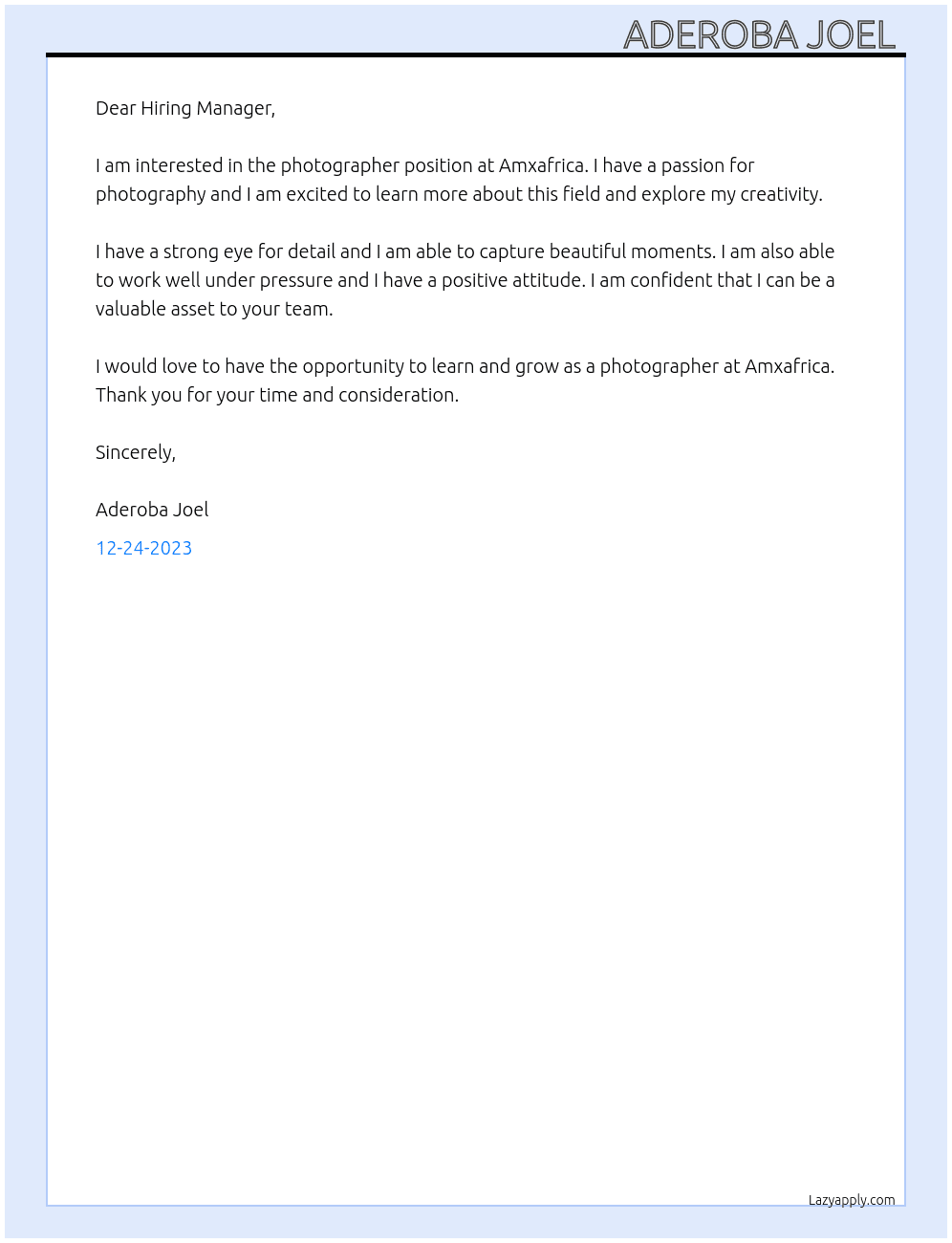 Photographer  At Amxafrica Cover Letter