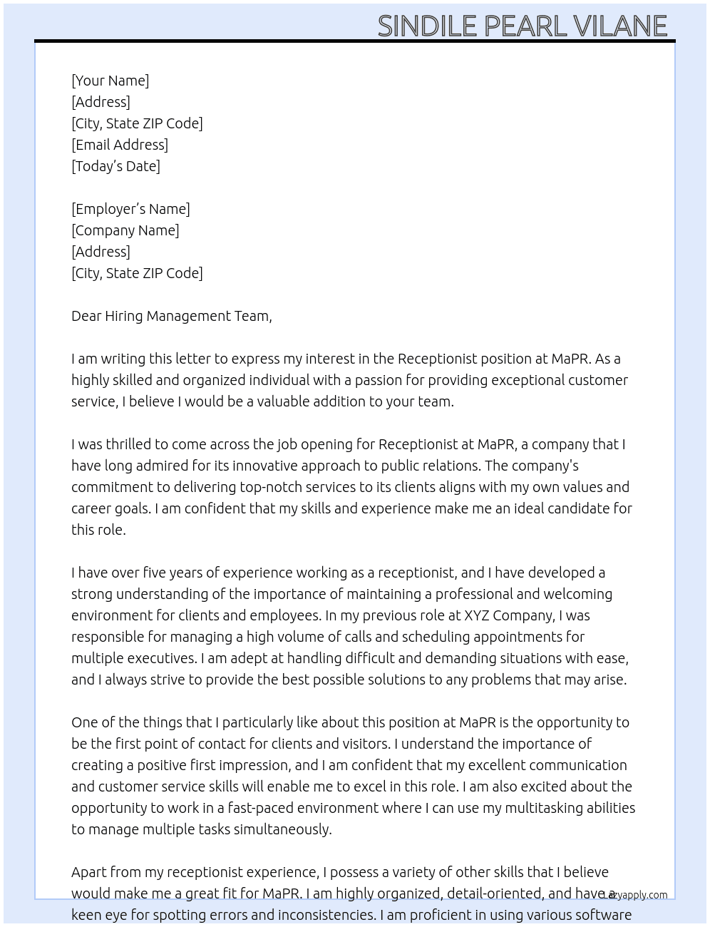 Receptionist At MaPR Cover Letter