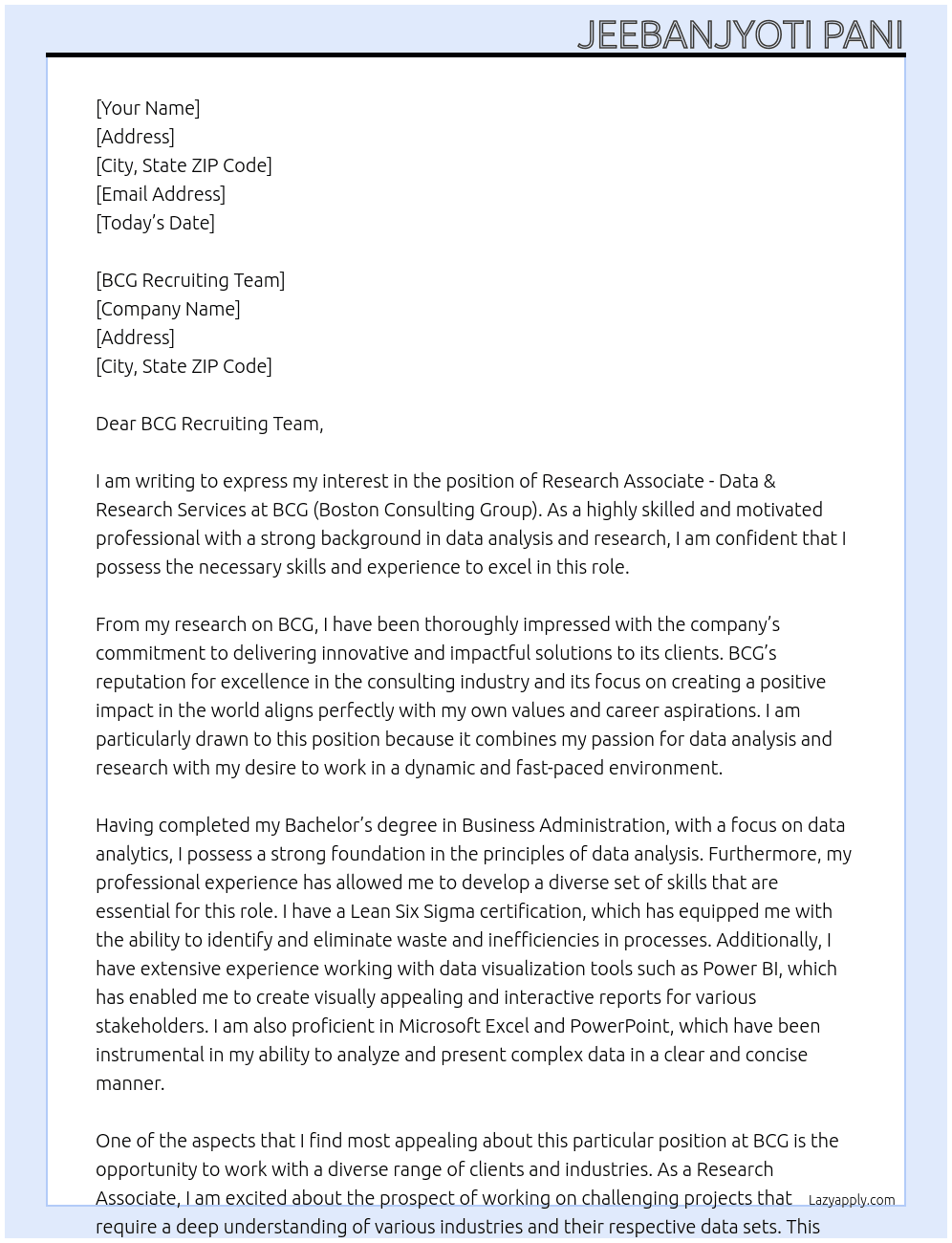 Research Associate - Data & Research Services At BCG (Boston Consulting Group) Cover Letter