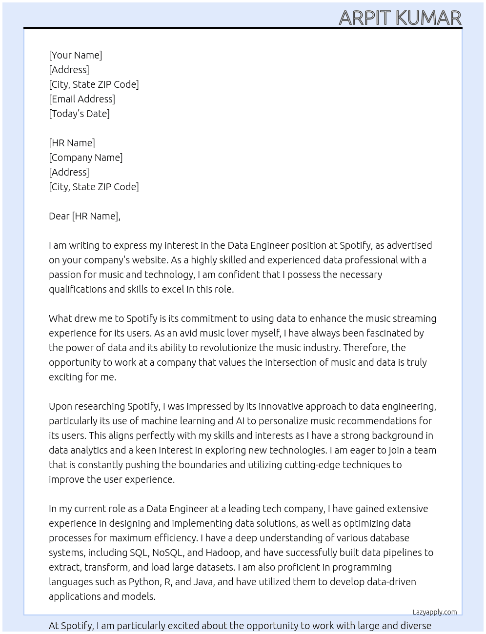 Data Engineer At spotify Cover Letter