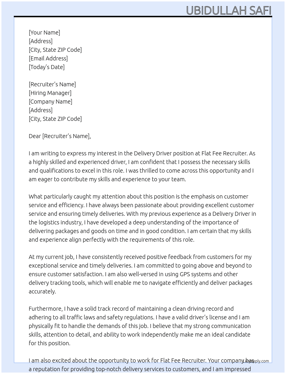 Delivery Driver At Flat Fee Recruiter Cover Letter