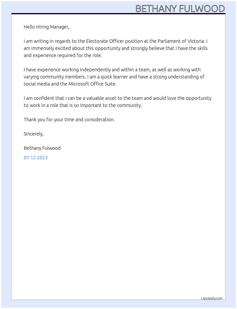 Electorate Officer At Parliament of Victoria Cover Letter