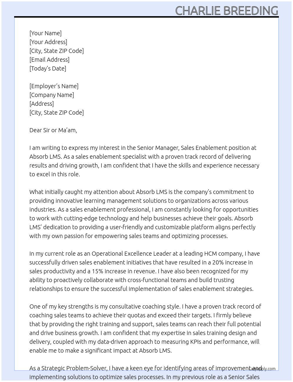 Senior Mgr., Sales Enablement At Absorb LMS Cover Letter