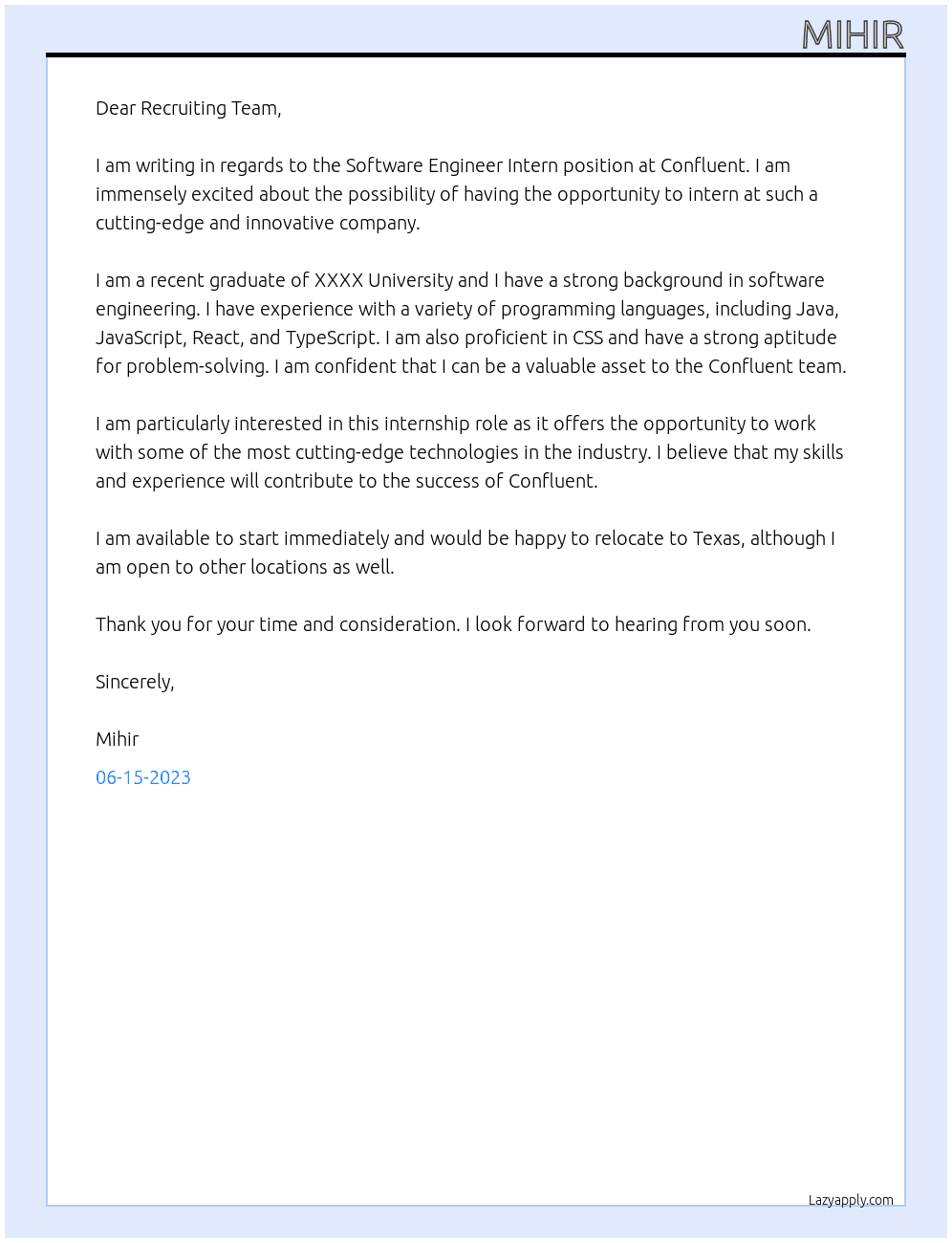 Software Engineer Intern At Confluent Cover Letter