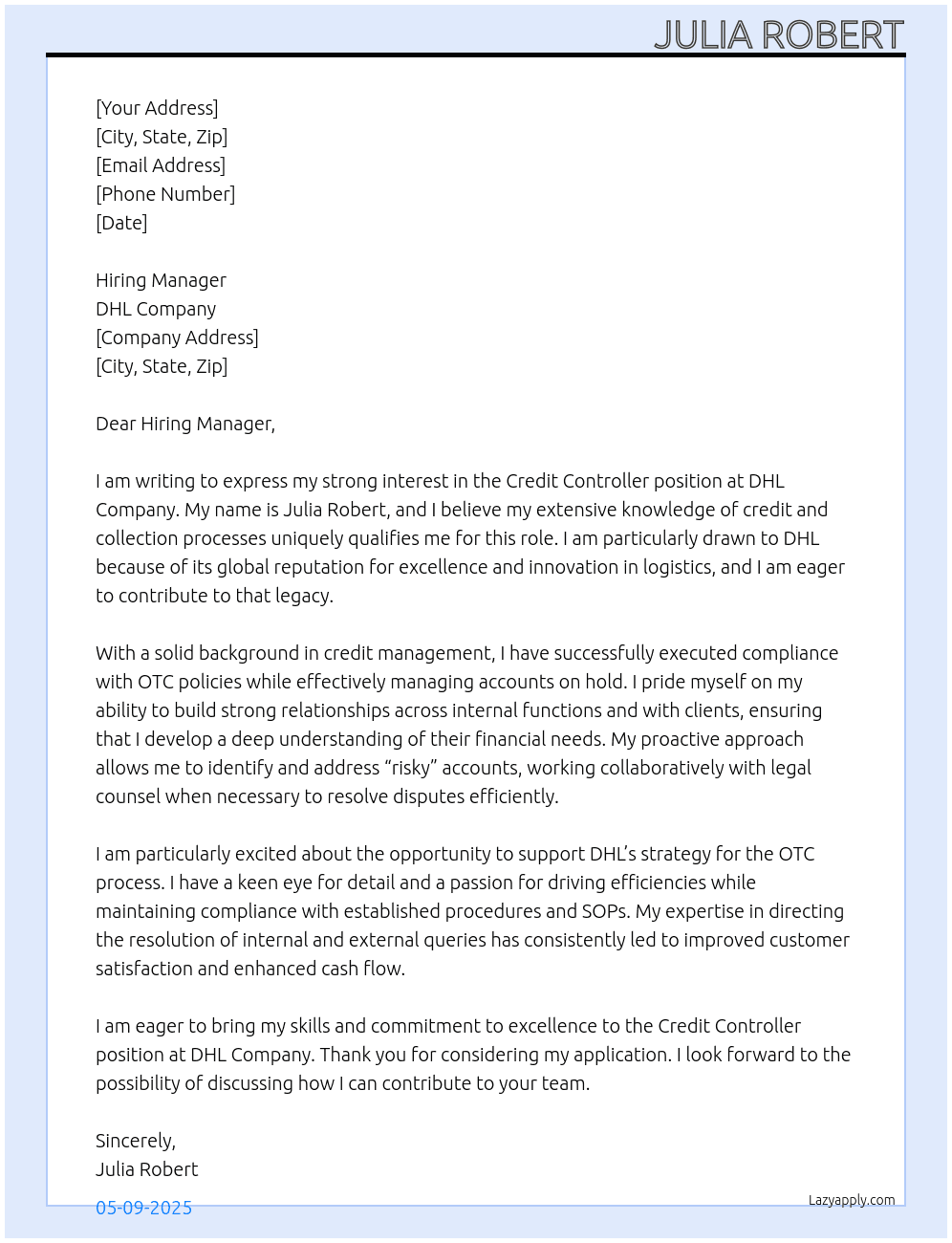 Credit controller At DHL company Cover Letter