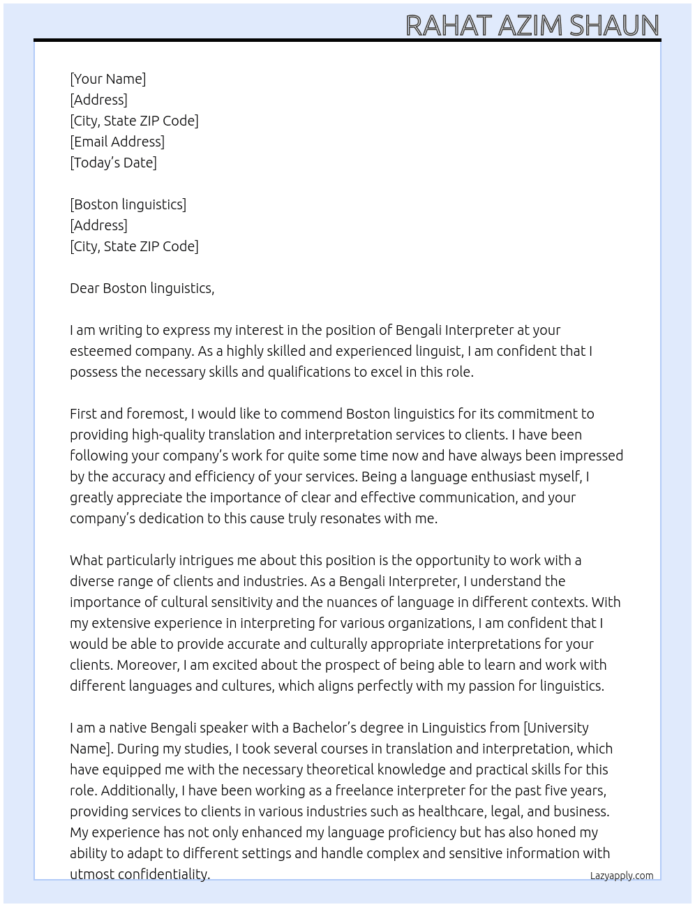 Bengali Interpreter At Boston linguistics Cover Letter