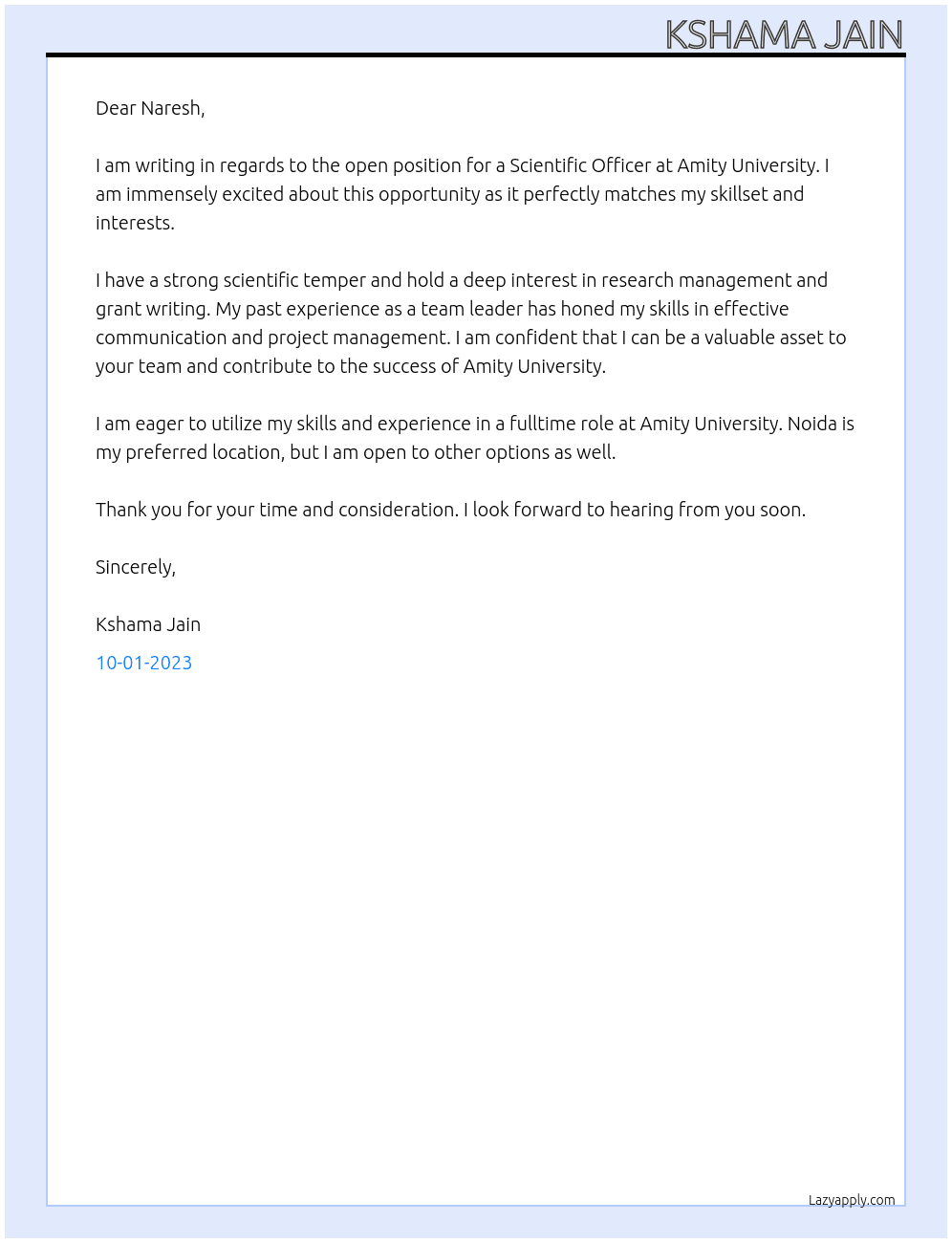scientific officer At Amity university Cover Letter