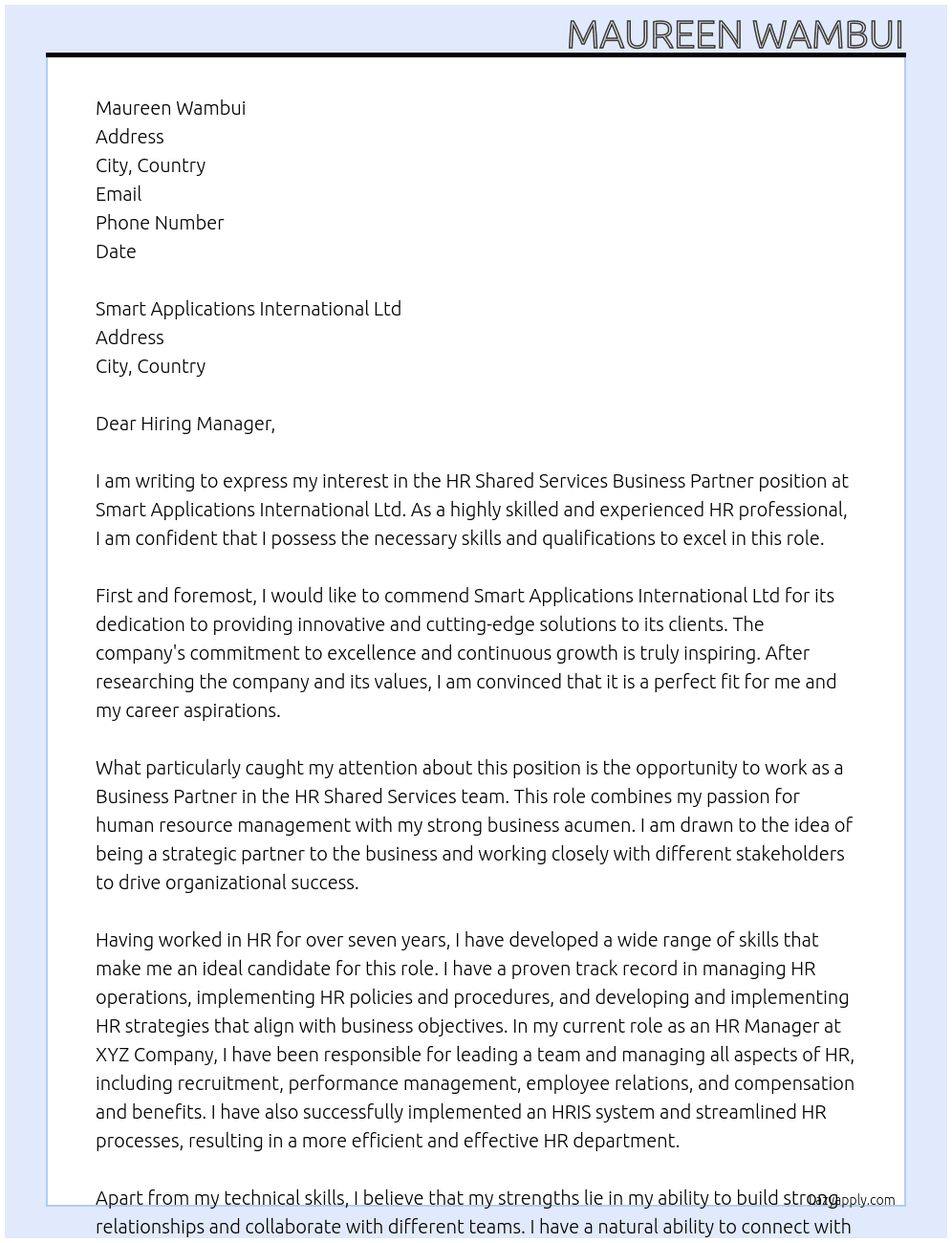 HR Shared Services Business Partne At Smart Applications International Ltd Cover Letter