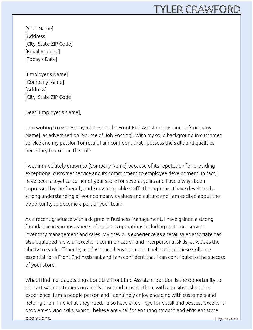 Front End Assistant At Supervisor in Training Cover Letter