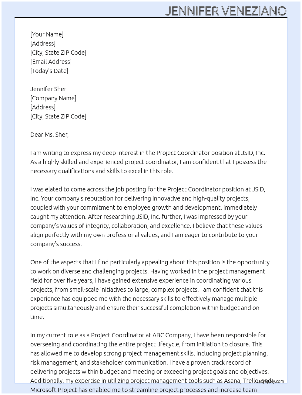 Project Coordinator At JSID, Inc. Cover Letter