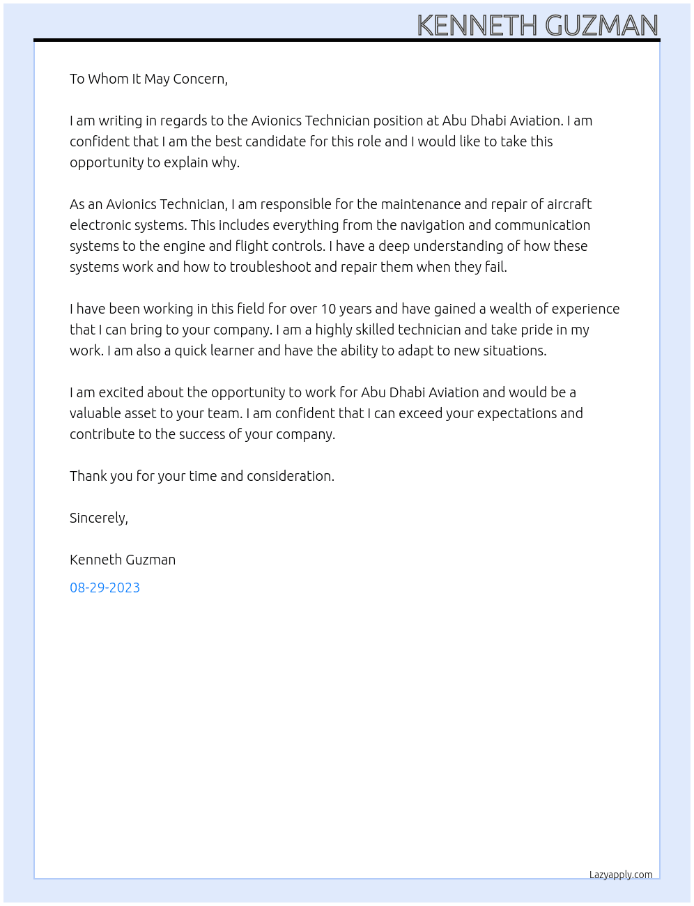 avionics technician At Abu dhabi aviation Cover Letter