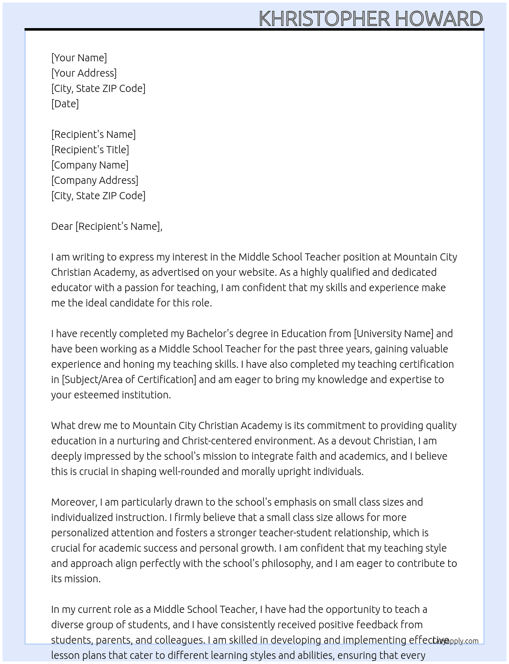 Middle School Teacher At Mountain City Christian Academy Cover Letter