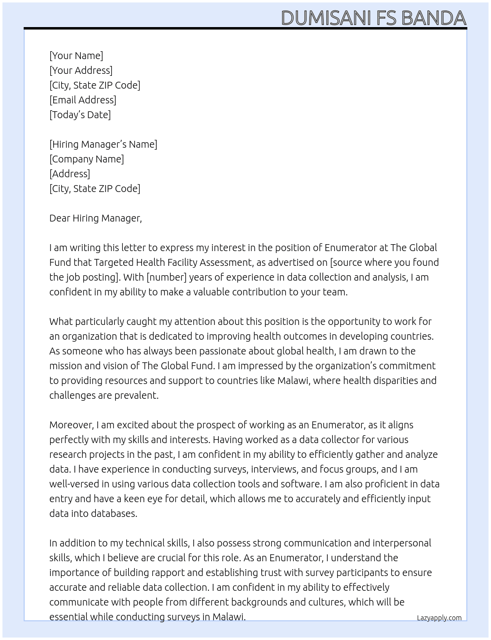 Enumerator  At The Global Fund that Targeted Health Facility Assessment  Cover Letter