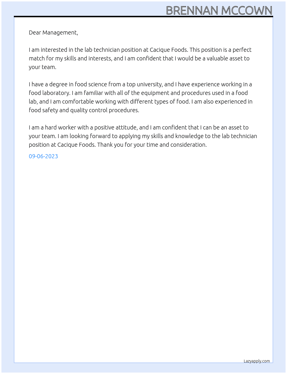 Lab Technician At Cacique Foods Cover Letter