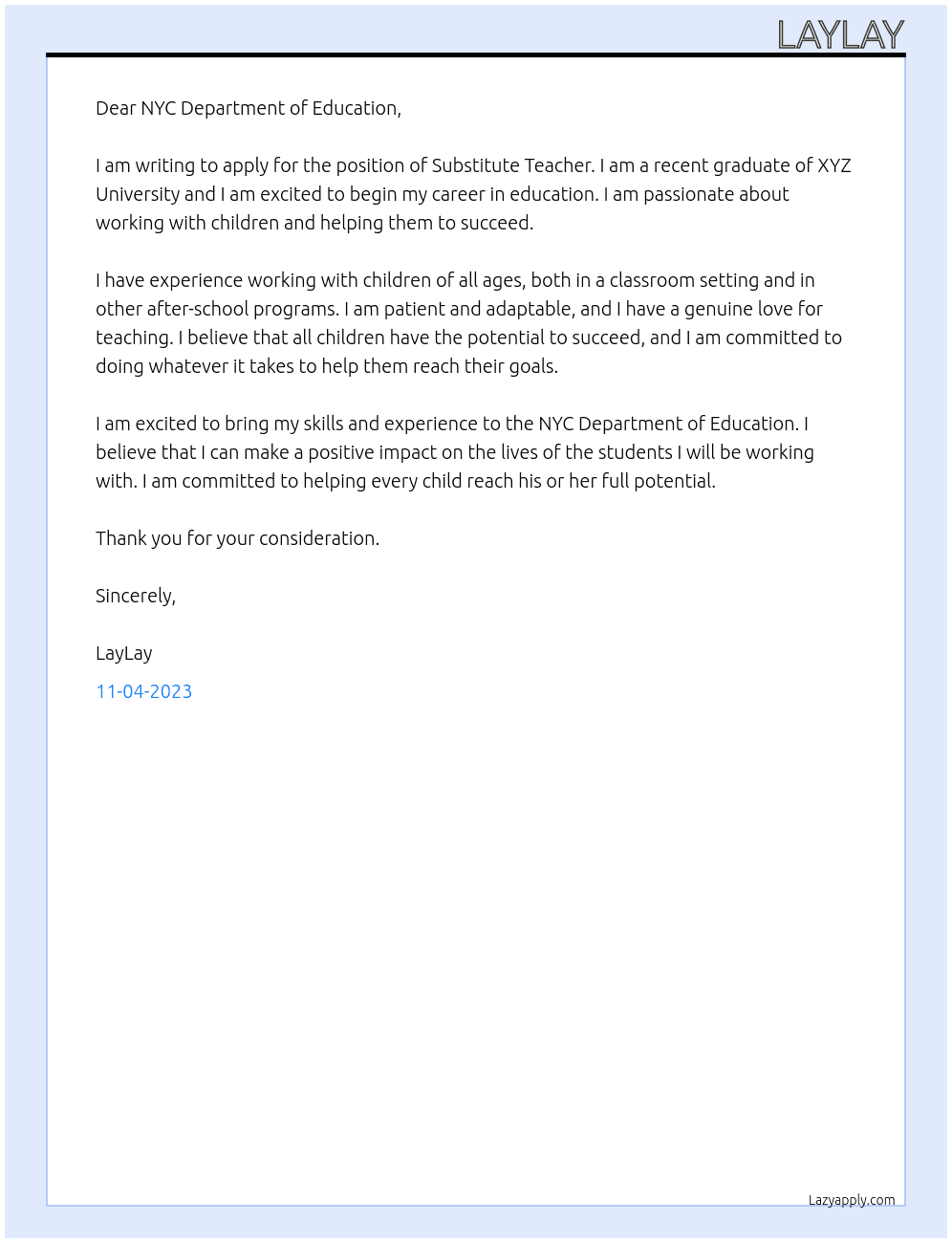 Substitute Teacher  At NYC Department of Education Cover Letter