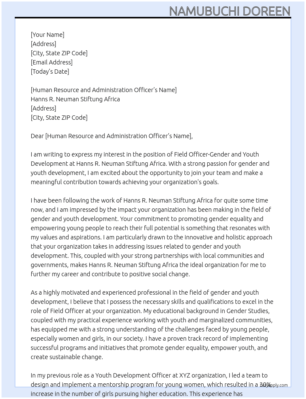 Field officer-Gender and youth development At Hanns R.Neuman Stiftung Africa Cover Letter