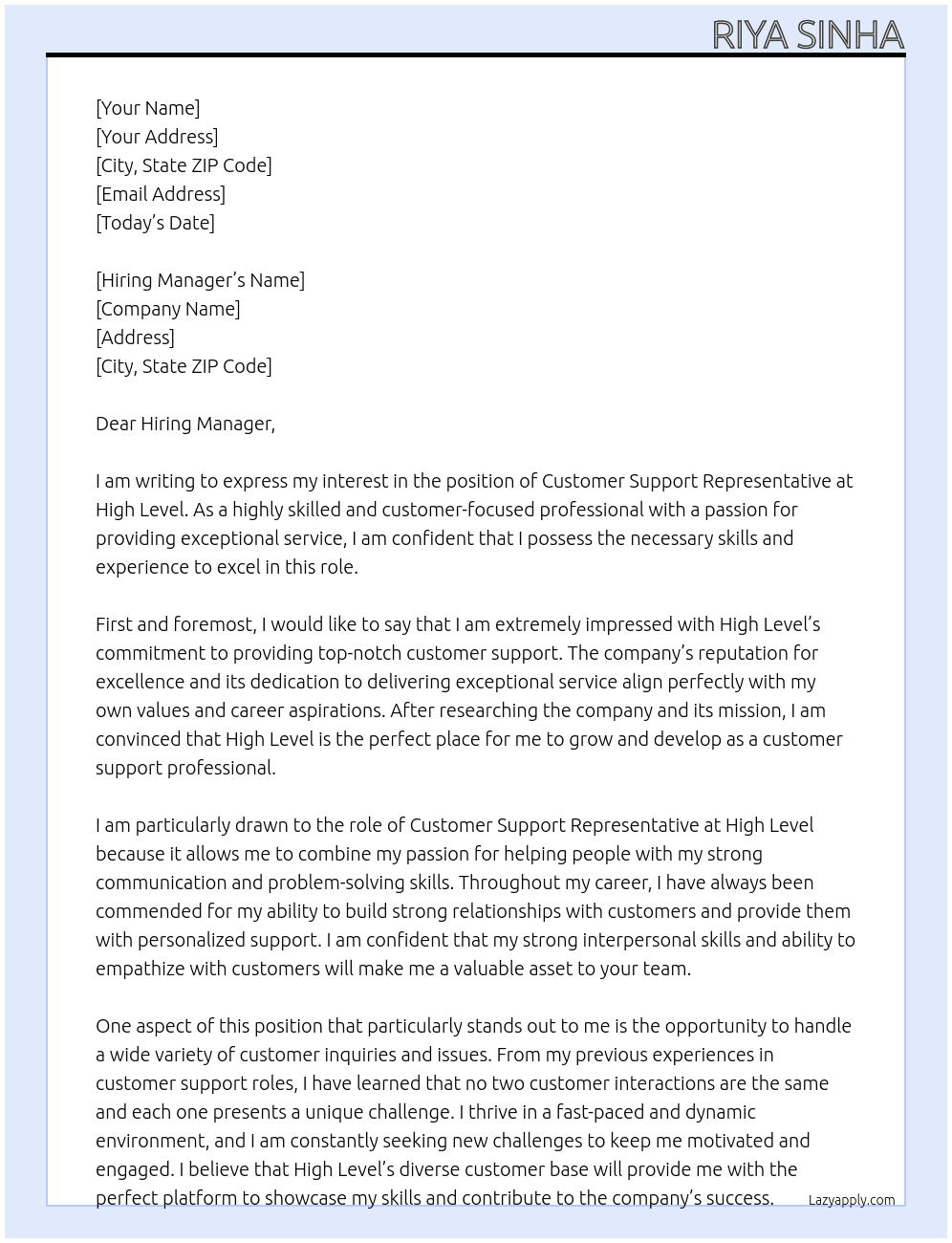 Customer Support Representative At High Level Cover Letter