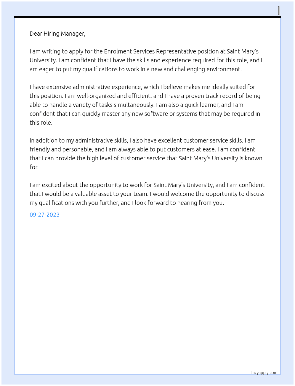 Enrolment Services Representative At Saint Mary's University Cover Letter