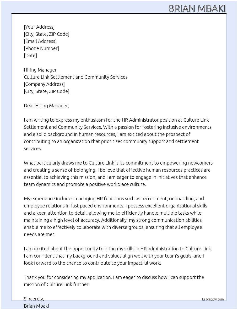 HR Administrator At Culture Link Settlement and Community Services  Cover Letter