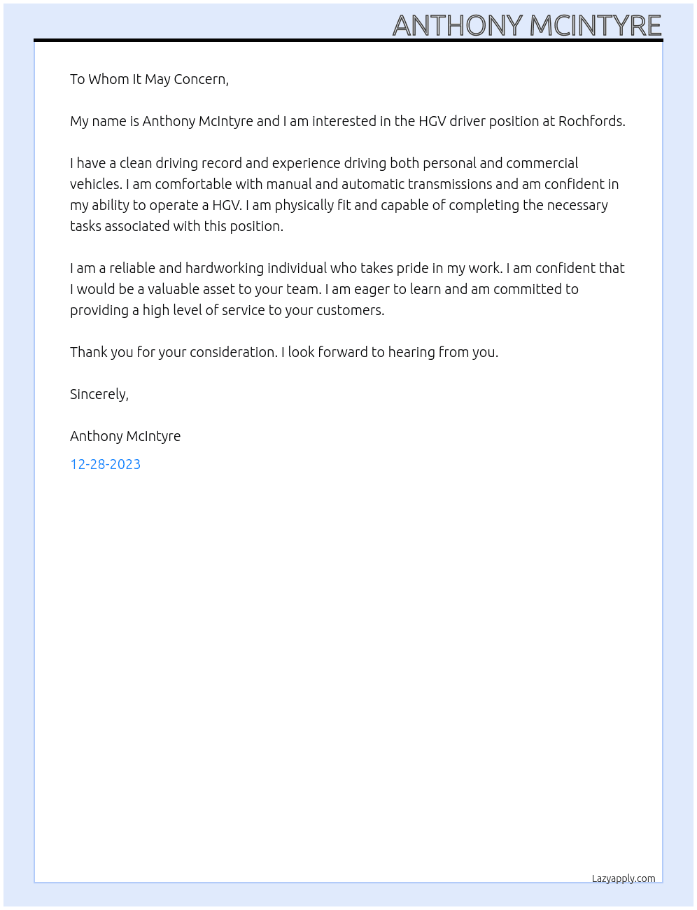Hgv driver At Rochfords  Cover Letter