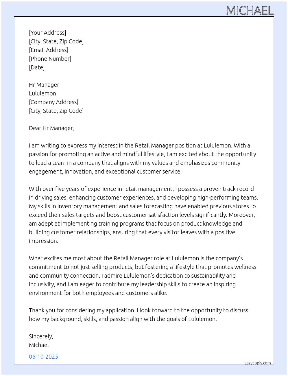 Retail manager  At Lululemon  Cover Letter