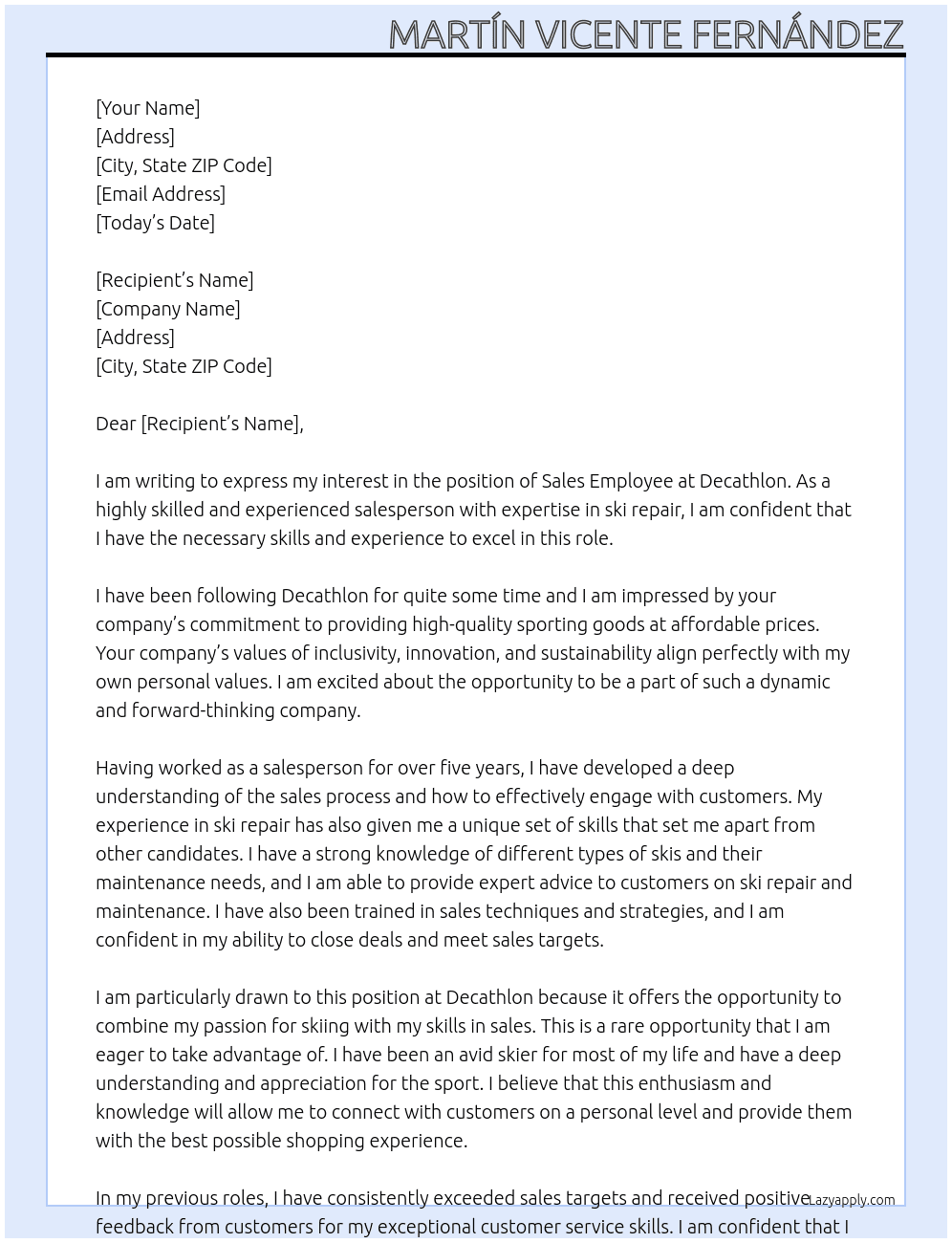 Sales employee At Decathlon Cover Letter