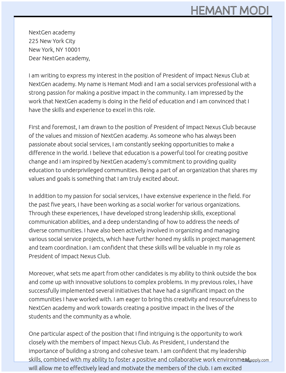 President of impact nexus club(social services) At NextGen academy  Cover Letter