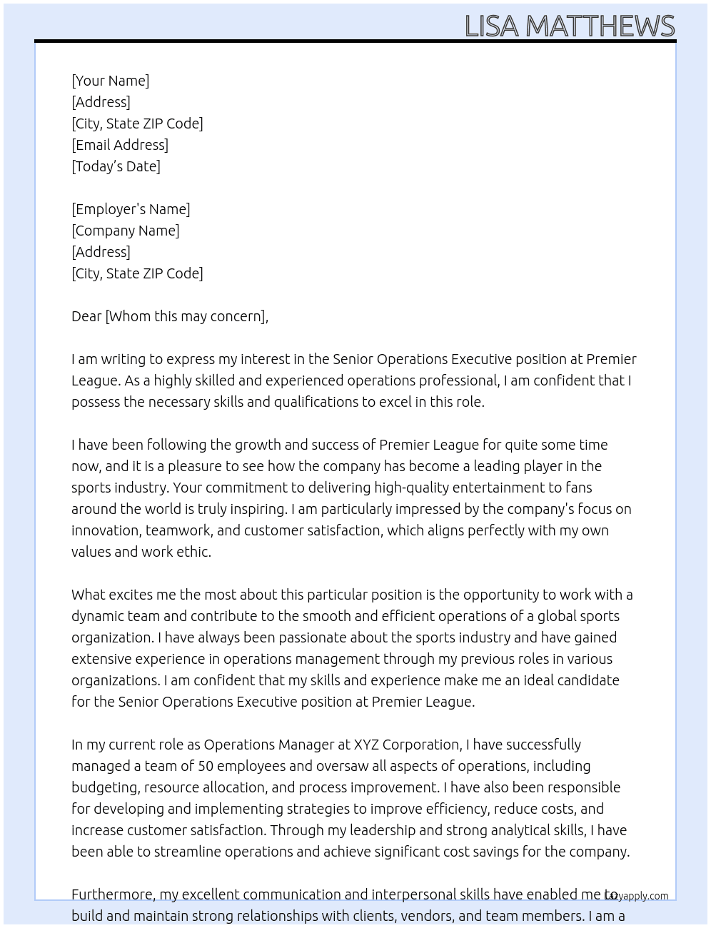 Senior Operations Executive - PGAAC At Premier Leauge Cover Letter