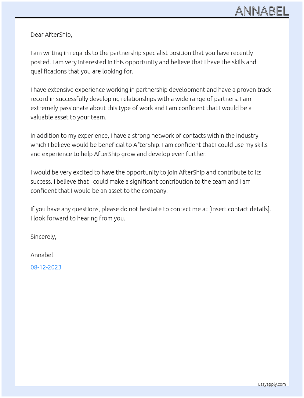 Partnership specialist At AfterShip Cover Letter