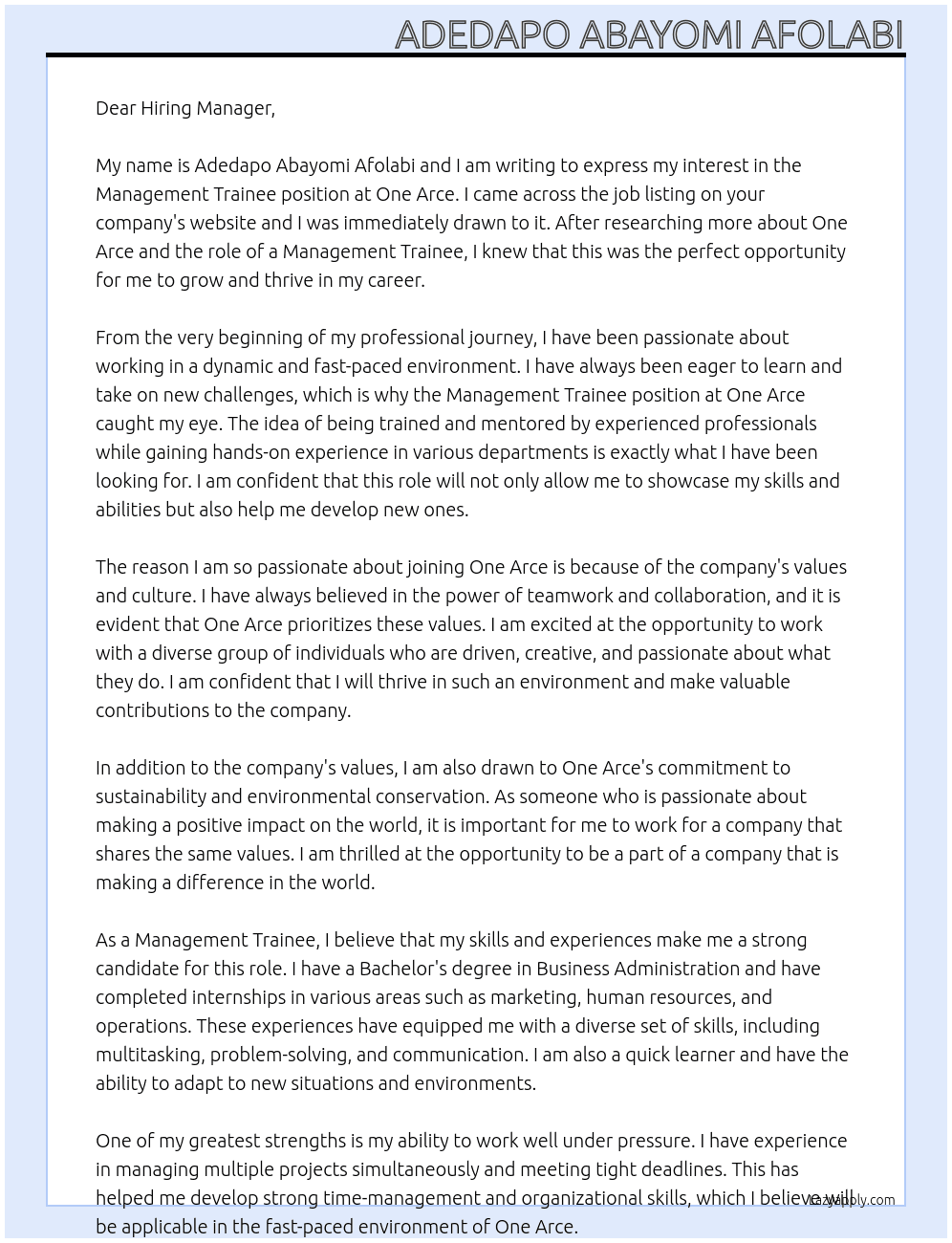 management trainee At one arce Cover Letter